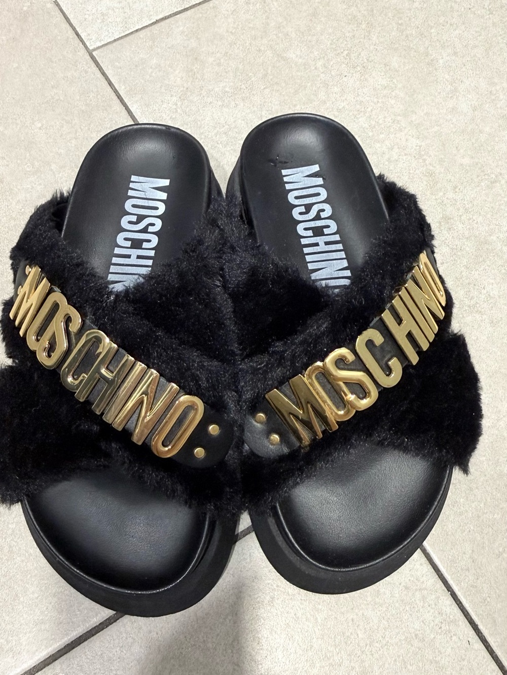Moschino Black Faux Fur Slides with Gold Logo